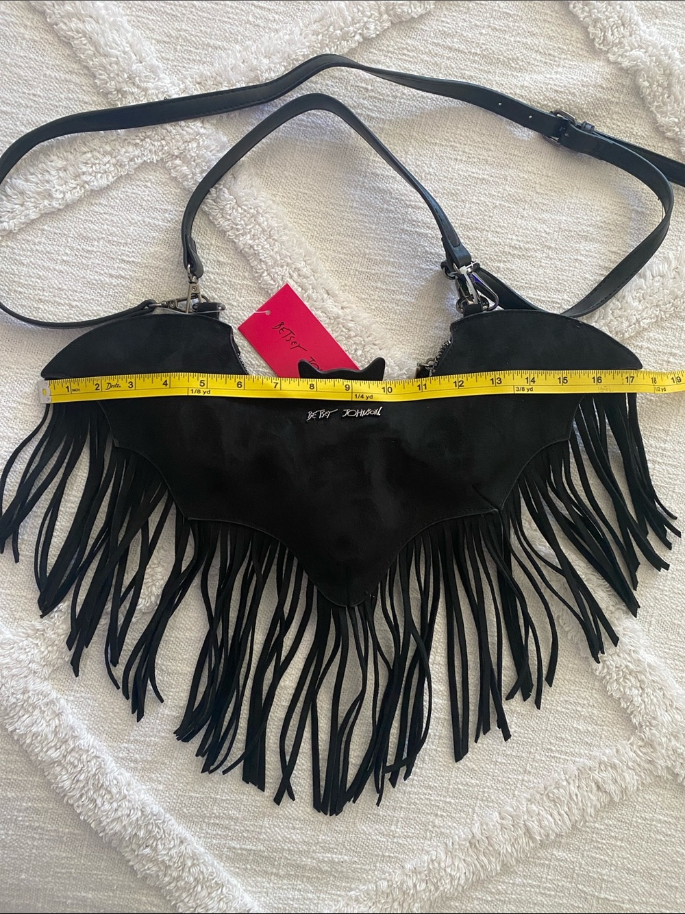 Betsey Johnson Black Suede Bat Fringe Shoulder Bag - Picture 4 of 5